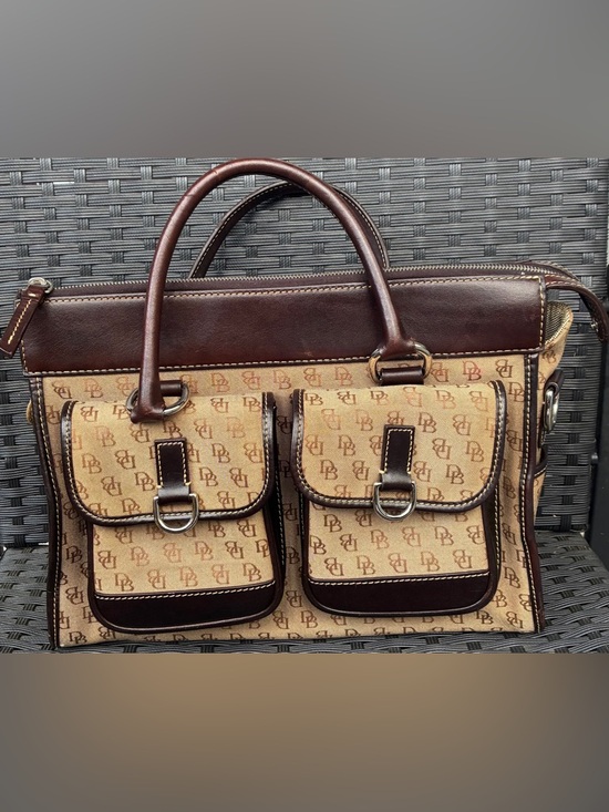 Dooney & Bourke Handbags - Dooney & Bourke Brown and Tan Signature Double-Pocket Satchel